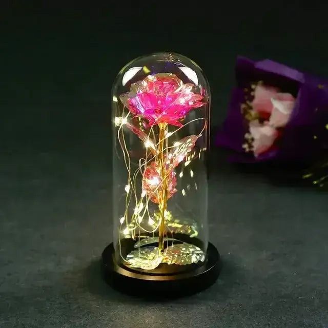 Rosa Cristal Bela e a Fera com Led + Cúpula de Vidro Verdadeiro