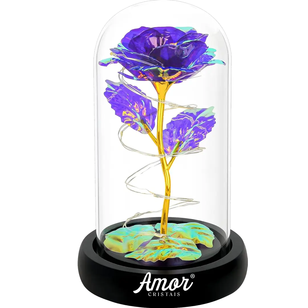 Rosa Cristal Bela e a Fera com Led + Cúpula de Vidro Verdadeiro