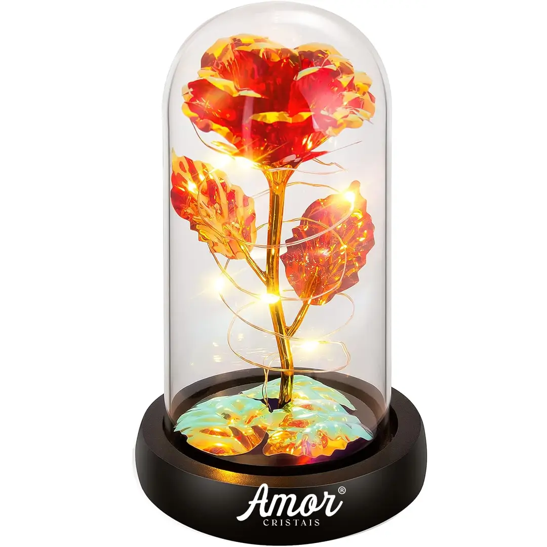 Rosa Cristal Bela e a Fera com Led + Cúpula de Vidro Verdadeiro